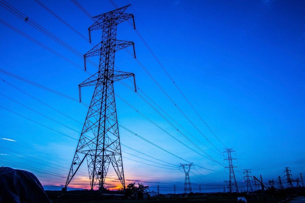 Transmission towers at dusk